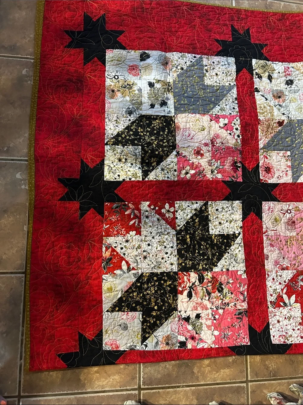 ONE IF A KIND - HANDCRAFTED Floral  Quilt - Red, Black, Pink and White.